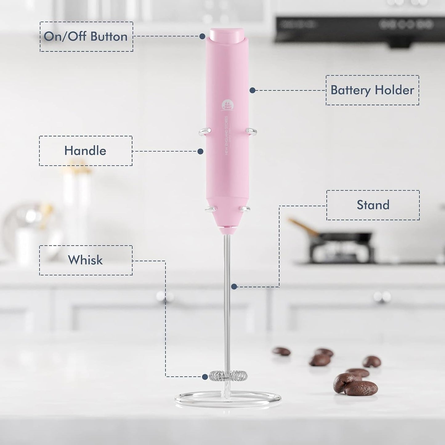 Powerful Milk Frother Handheld Foam Maker, Mini Whisk Drink Mixer for Coffee, Cappuccino, Latte, Matcha, Hot Chocolate, With Stand, Pink