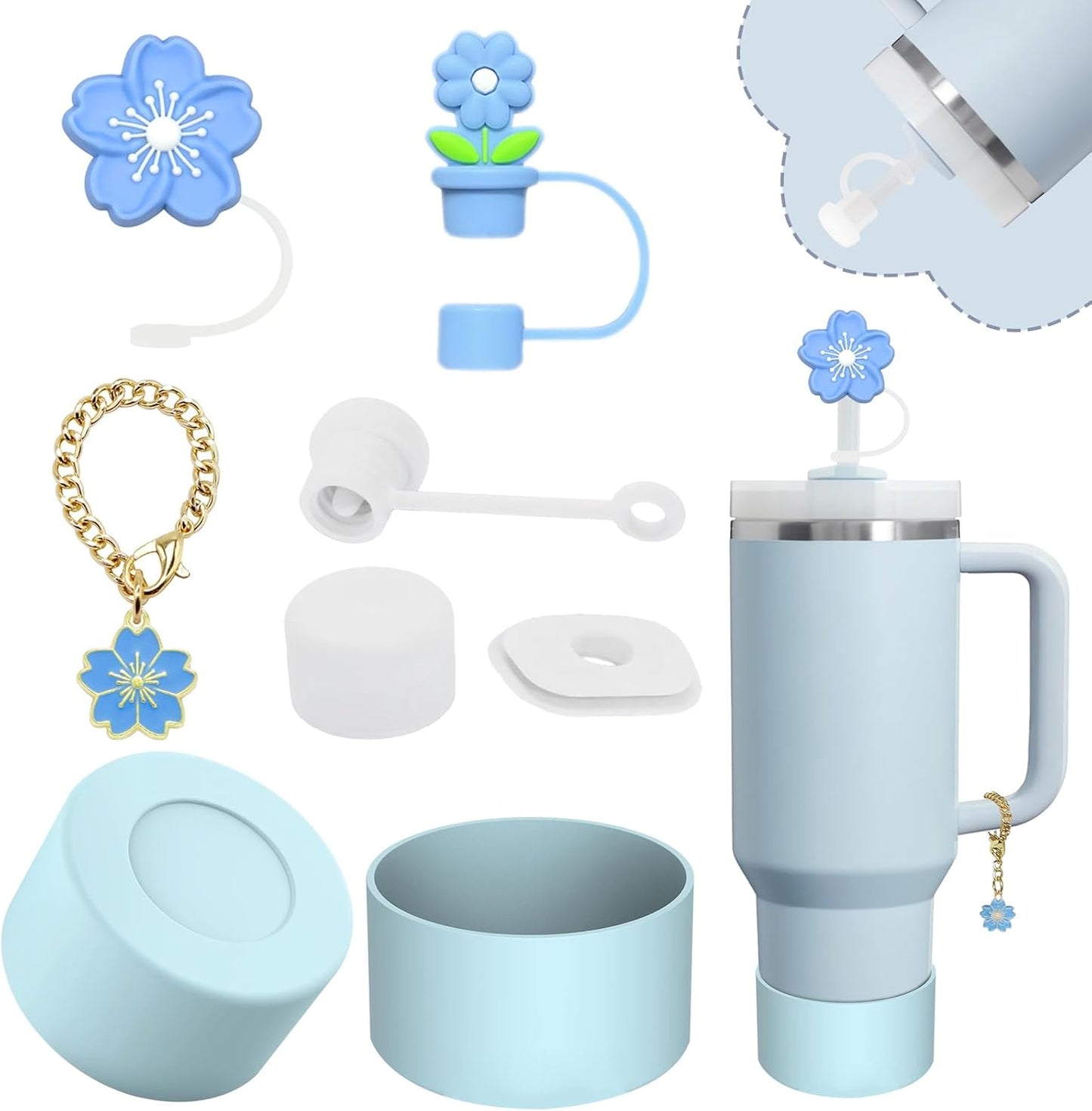 Stanley Cup Accessories Set,Including 2 Pcs 0.4in Straw Cover, 1 Silicone Spill-Proof Stopper Set of 3, 1 Cute Flower Handle Charm, 1 Silicone Boot Fits Stanley 40&30 Oz Tumbler (Blue)