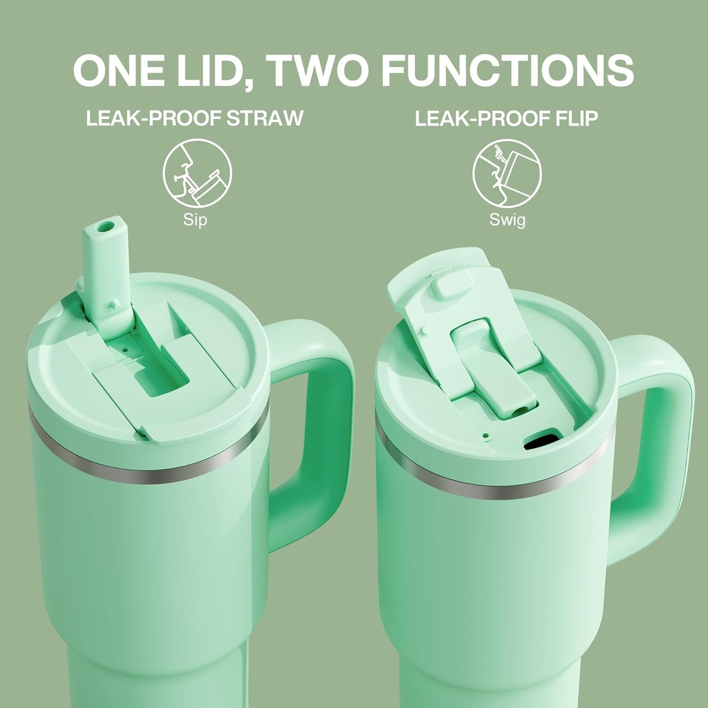 40 oz Tumbler with Handle and Straw: Stainless Steel Insulated Tumbler Keeps Cold for 24 Hours, Leakproof Travel Cup Fits in Cup Holder and BPA-Free,Brook Green