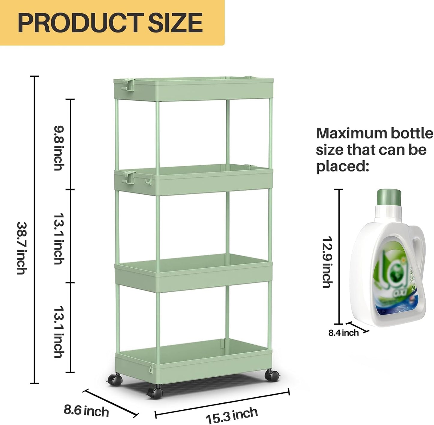SPACEKEEPER Storage Cart 4-Tier, Bathroom Rolling Cart Utility Storage Organizer Shelf Mobile Shelving Unit for Kitchen Living Room Bathroom Laundry Room & Dressers, Green