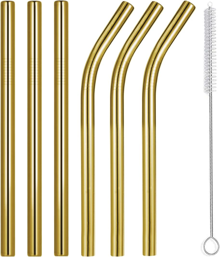 Vinaco 8.5" and 10.5" Big Smoothie Straws & Milkshake Straws, 6 Pack Food-grade Stainless Steel Straws 0.4" Wide Mouth Straw for Smoothie, Milkshakes, Thick Drinks, Gold Metal Straws Reusable