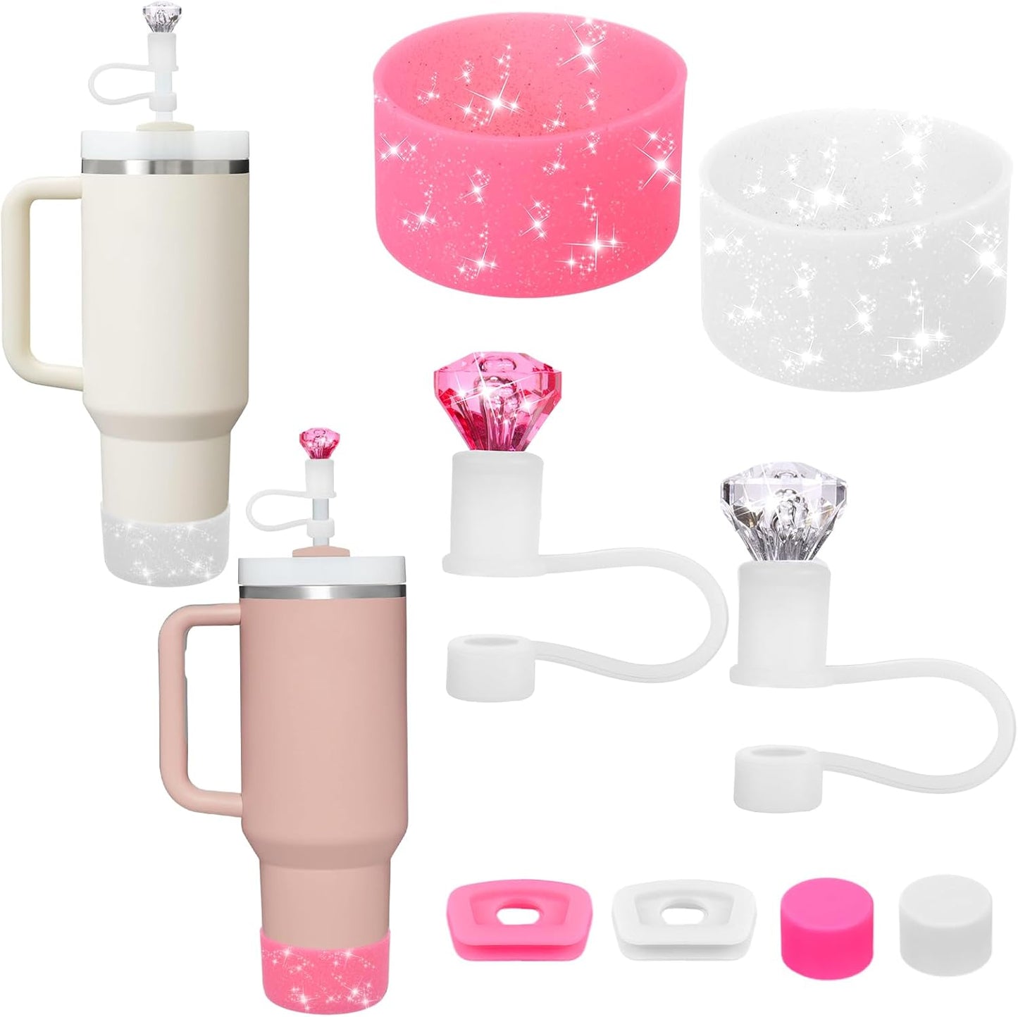 Mity rain Set for Stanley Cup Accessories, Including 2Pcs Diamond Straw Topper, 4 Pcs Silicone Spill Proof Stopper, 2Pcs Protective Glitter Silicone Boot, Pink and White Set for Stanley Cup 40/30 OZ