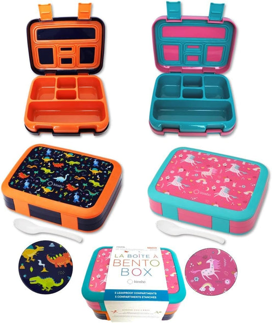 Bento Lunch Box for Kids Toddlers Boys Girls, 5 Portion Sections Secure Lid, Microwave Safe BPA Free Removable Tray, Pre-School Kid Daycare Lunches Snack Container, Unicorn Dinosaur 2 pack