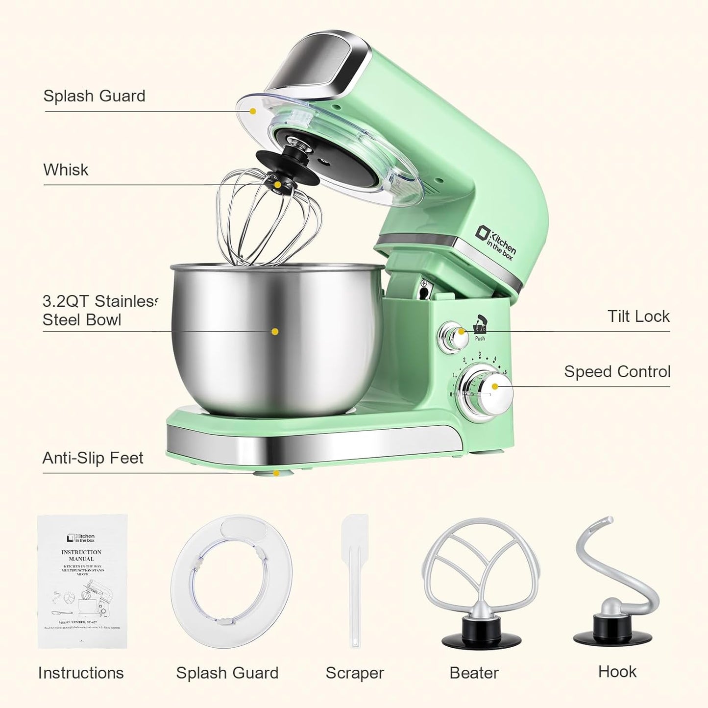Kitchen in the box Stand Mixer,3.2Qt Mini Electric Food Mixer,6 Speeds Portable Lightweight Kitchen Mixer for Daily Use with Egg Whisk,Dough Hook,Flat Beater (Green)
