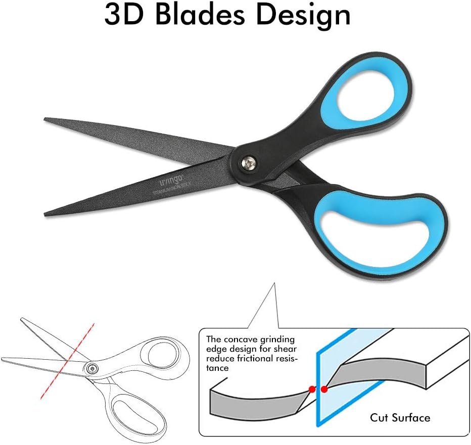 LIVINGO 2 Pack 8" Titanium Non-Stick Scissors, Professional Stainless Steel Comfort Grip, All-Purpose, Straight Office Craft Scissors for DIY(Blue/Black)