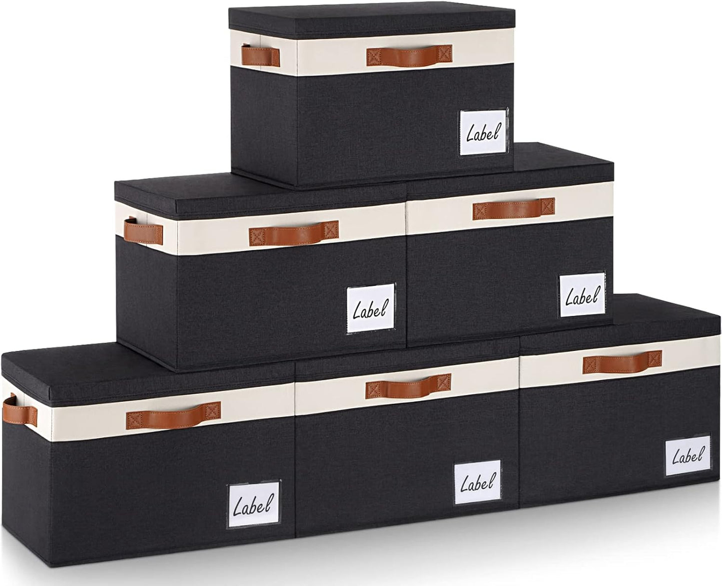 GhvyenntteS Fabric Storage Bins with Lids 6 Pack, Foldable Fabric Storage Baskets with Lid and Handles, Large Closet Organizers and Storage boxes with Label for Home Office (Black, 15" x 11" x 9.7")