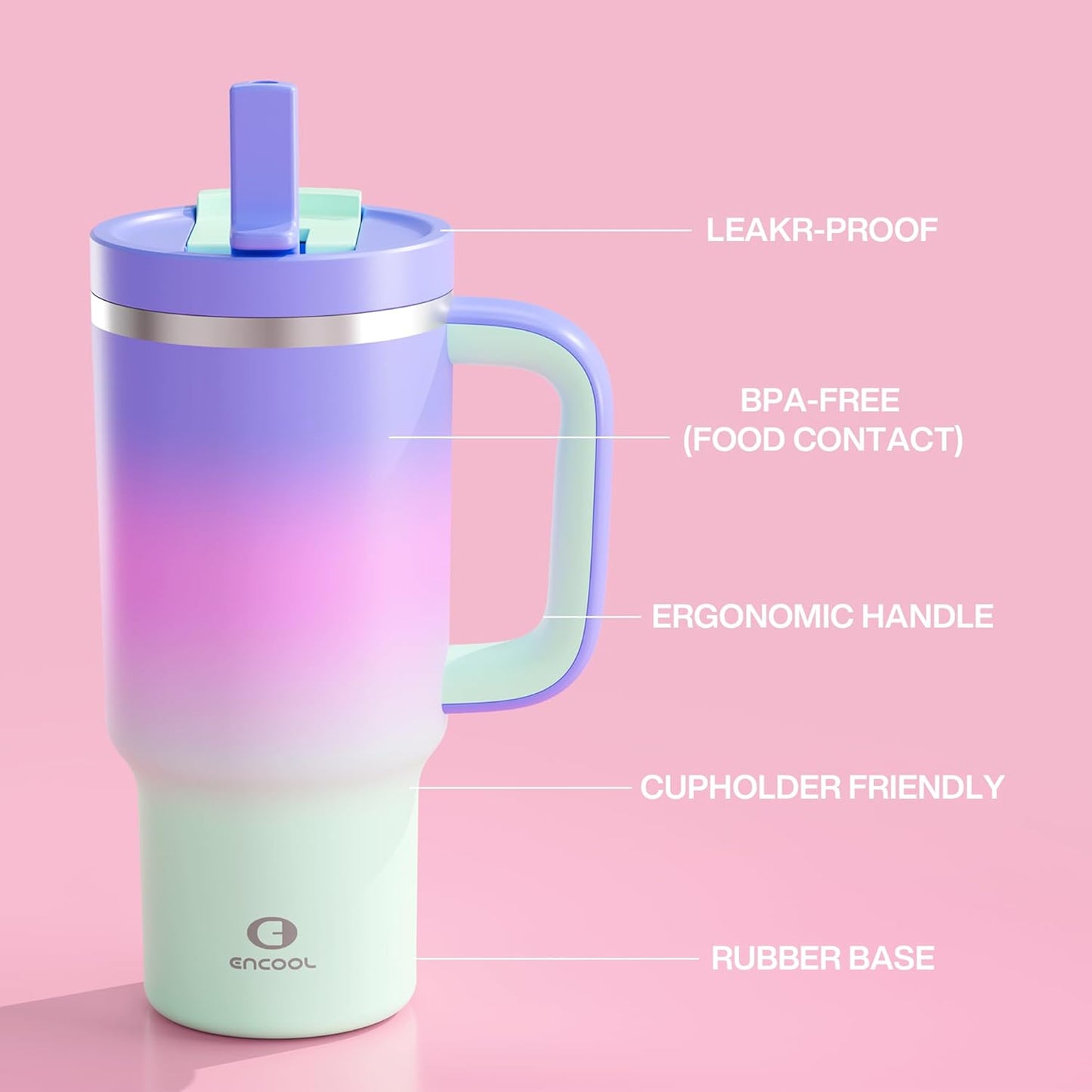32 oz Tumbler with Handle and Straw: Stainless Steel Insulated Tumbler Keeps Cold for 24 Hours, Leakproof Travel Cup Fits in Cup Holder and BPA-Free, Frosted Lilac