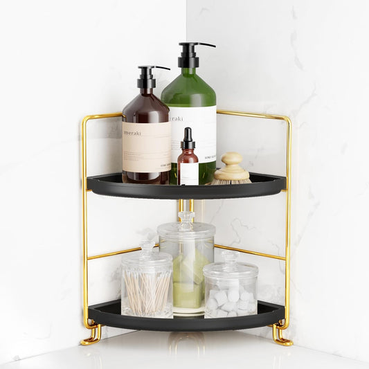 FSyueyun 2-Tier Corner Bathroom Counter Organizer, Tool-Less Installation Vanity Shelf Small Plastics Countertop Makeup Tray Skincare Perfume Organizers (Gold & Black)