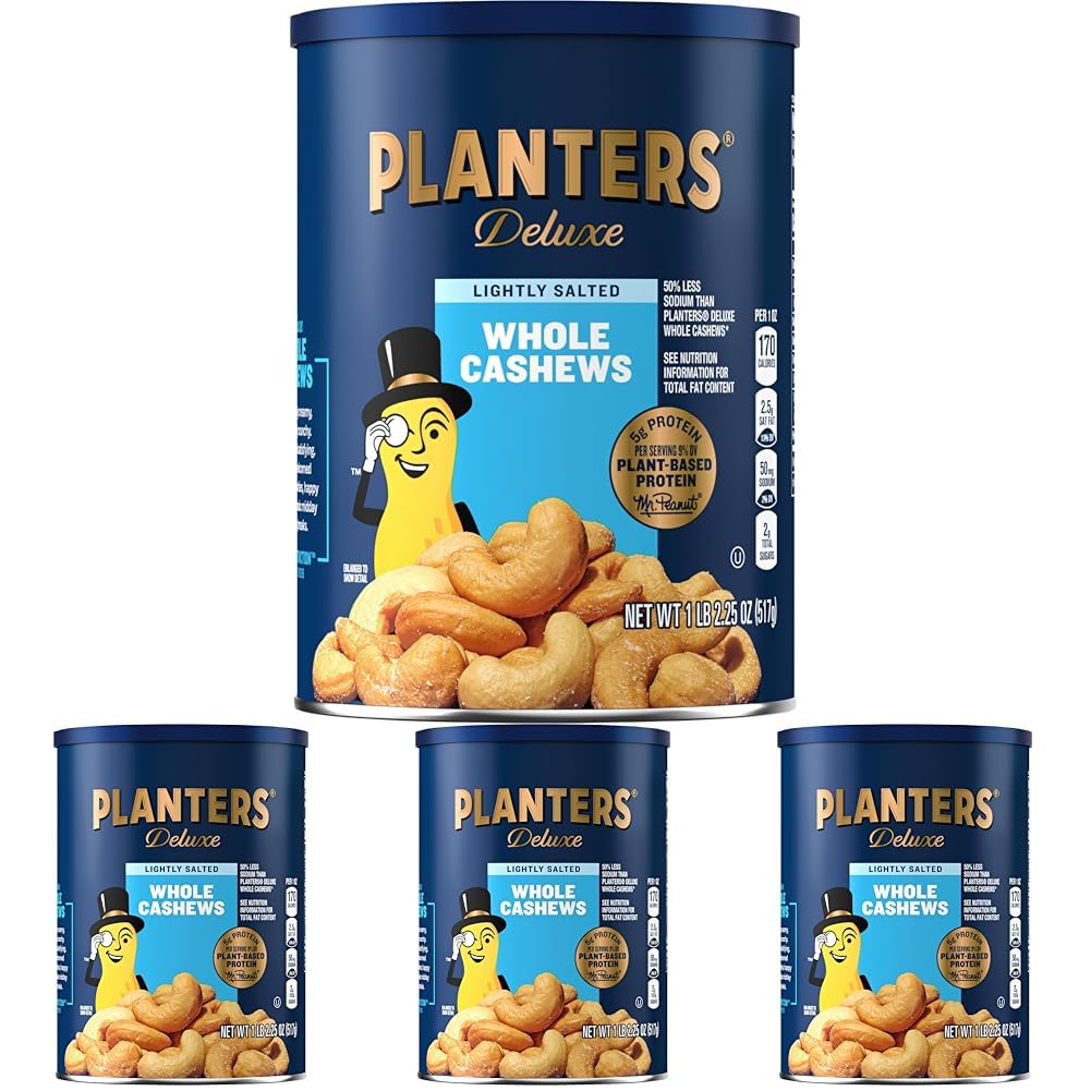 PLANTERS Deluxe Lightly Salted Cashews, Party Snacks, Plant-Based Protein, Quick Snack for Adults, After School Snack, Flavored with Sea Salt, Kosher, 1lb 2.25oz (Pack of 4)