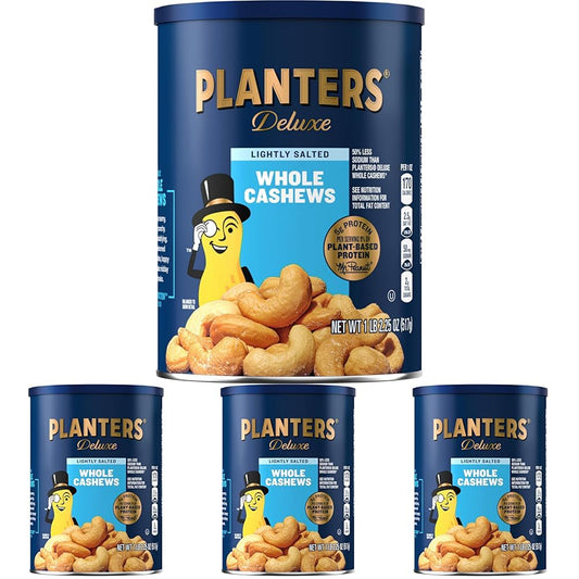 PLANTERS Deluxe Lightly Salted Cashews, Party Snacks, Plant-Based Protein, Quick Snack for Adults, After School Snack, Flavored with Sea Salt, Kosher, 1lb 2.25oz (Pack of 4)