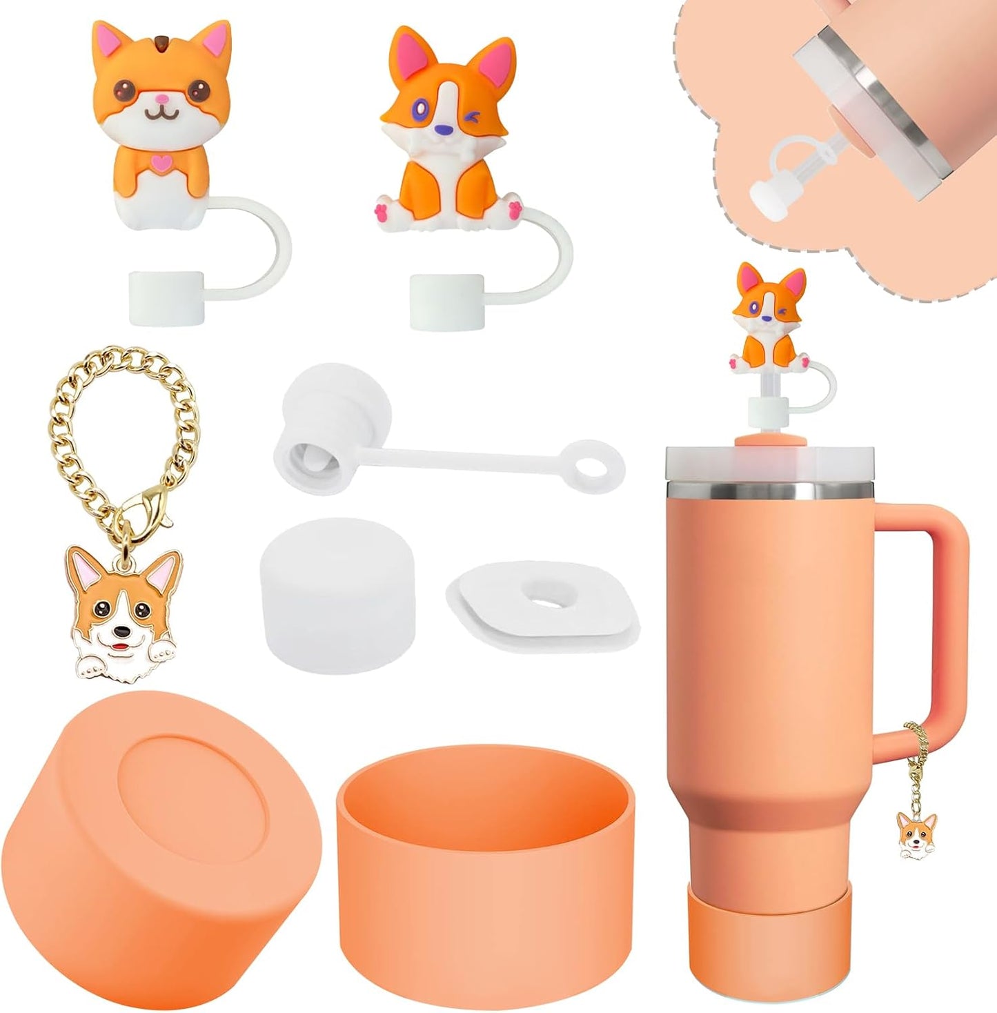 Stanley Cup Accessories Set,Including 2 Pcs 0.4in Straw Cover, 1 Silicone Spill-Proof Stopper, 1 Cute Dog Handle Charm, 1 Silicone Boot Fits Stanley 40&30 Oz Tumbler (Sunshine Orange)