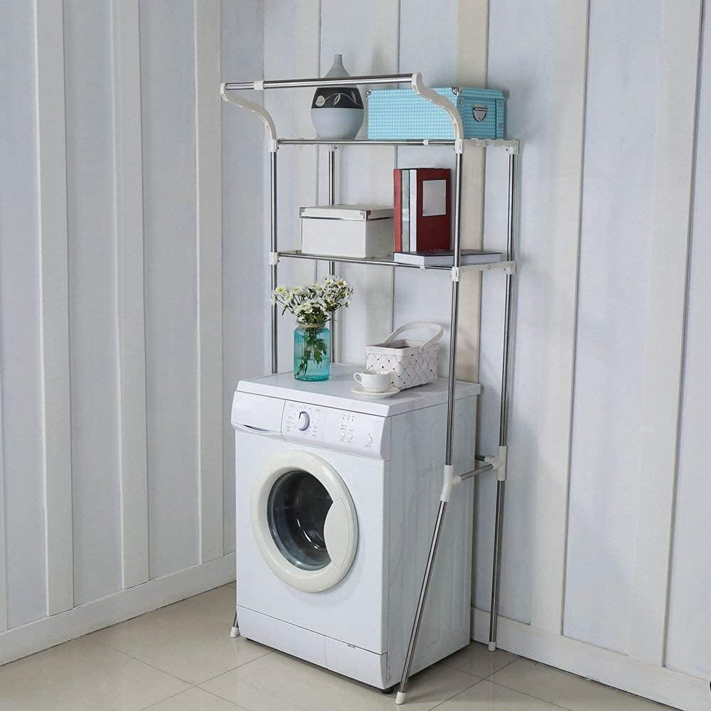 BAOYOUNI Adjustable Over Toilet Bathroom Organizer Above Washer Dryer Storage Shelf 2-Tier Space Saving Rack (24.4-40.55) W X 19.48 D X 68.11 H Inches, Ivory