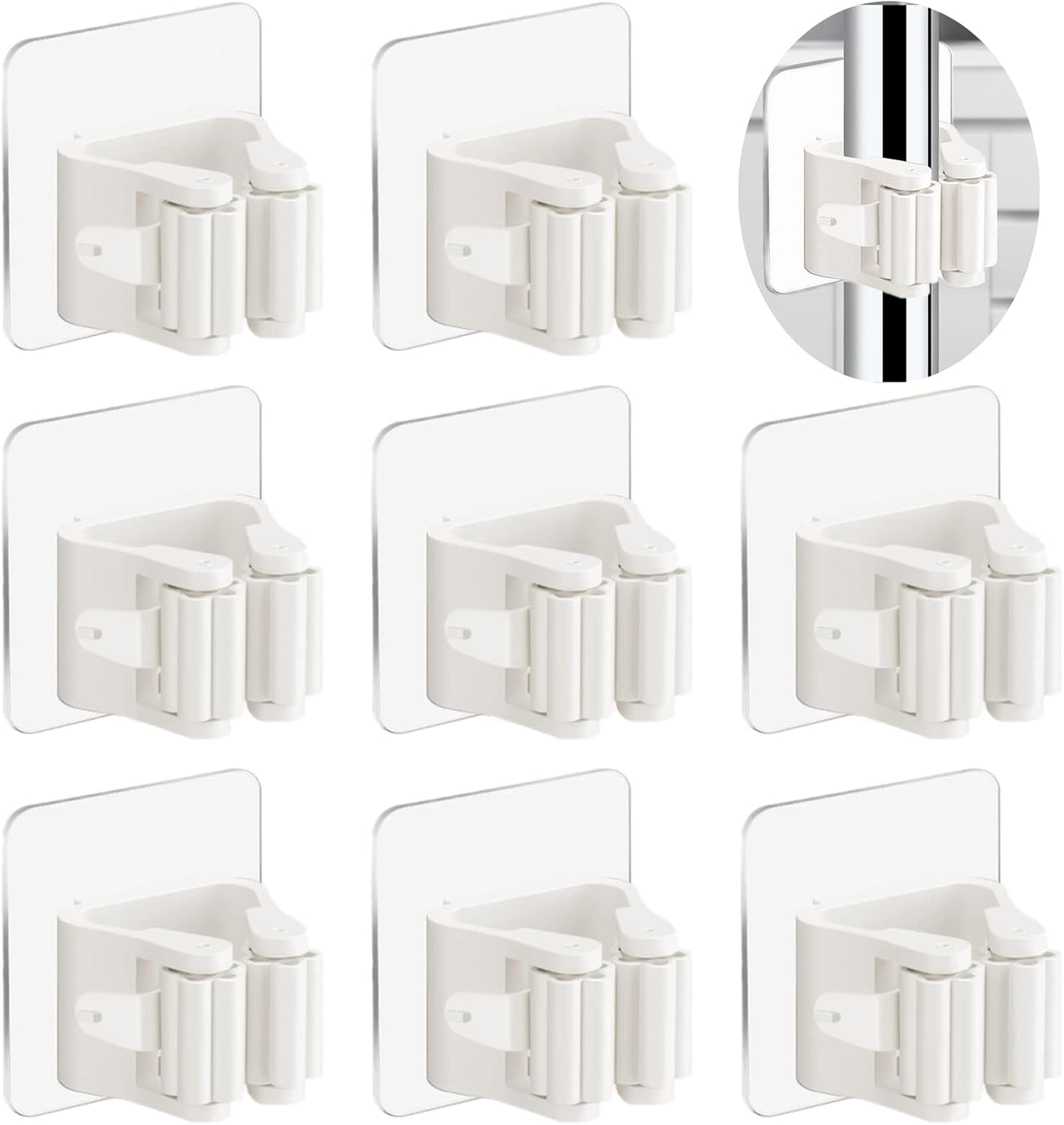 3-H 8-Pack Self Adhesive Broom Holder Wall Mount - Heavy Duty No Drill Broom Organizer for Garage Closet Kitchen, Plastic Storage Rack for Brooms Mops Tools, Peel and Stick Adhesive,Beige White