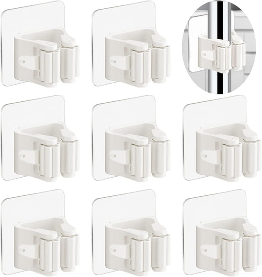 3-H 8-Pack Self Adhesive Broom Holder Wall Mount - Heavy Duty No Drill Broom Organizer for Garage Closet Kitchen, Plastic Storage Rack for Brooms Mops Tools, Peel and Stick Adhesive,Beige White