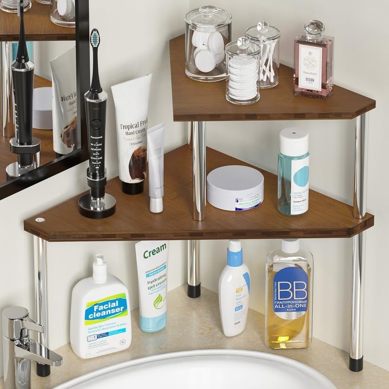 Weenson Bathroom Organizer Countertop, Bathroom Sink Organizer for Toiletries, Makeup, Skincare, Bamboo 2-Tier Kitchen Countertop Organizer for Spice Salt (Brwon)