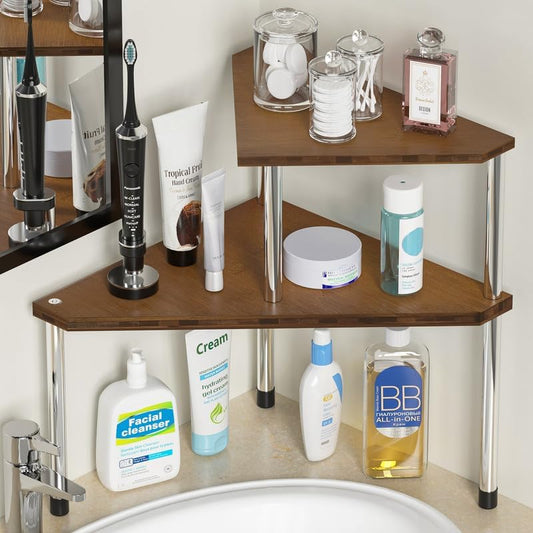 Weenson Bathroom Organizer Countertop, Bathroom Sink Organizer for Toiletries, Makeup, Skincare, Bamboo 2-Tier Kitchen Countertop Organizer for Spice Salt (Brwon)