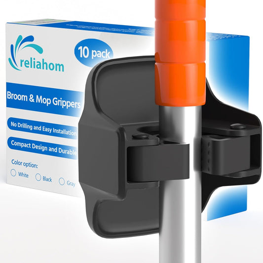 reliahom 10 Pack Broom Holder Wall Mount Mop Grippers No Drilling Self Adhesive Anti-Slip Mop Handle Hanger Dustpan and Broom Organizer Garage Storage Racks-Black