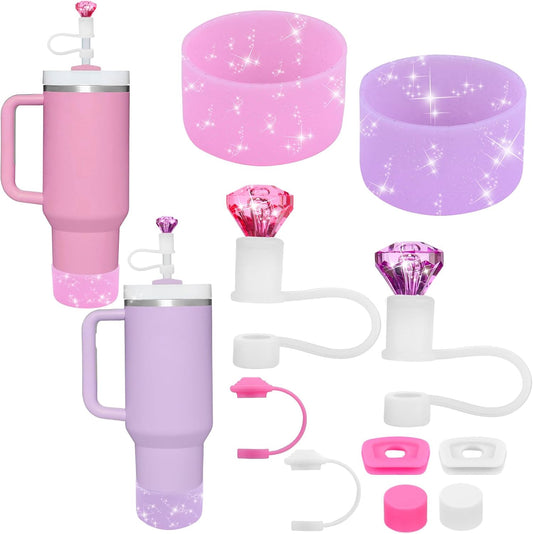 Mity rain Set for Stanley Cup Accessories, Including 2Pcs Diamond Straw Topper, 4 Pcs Silicone Spill Proof Stopper, 2Pcs Protective Glitter Silicone Boot,Set for Stanley Cup 40/30 OZ(Pink+purple)