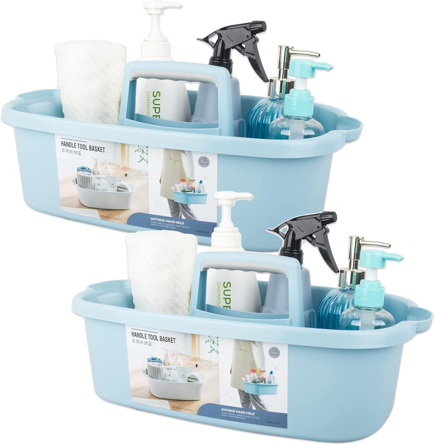 Large Cleaning Supplies Caddy Portable Shower Basket Supply Organizer with Handle Plastic Bucket Tool Storage for Bathroom, Bedroom, Kitchen, College Dorm, Garden, Blue 2 Pack