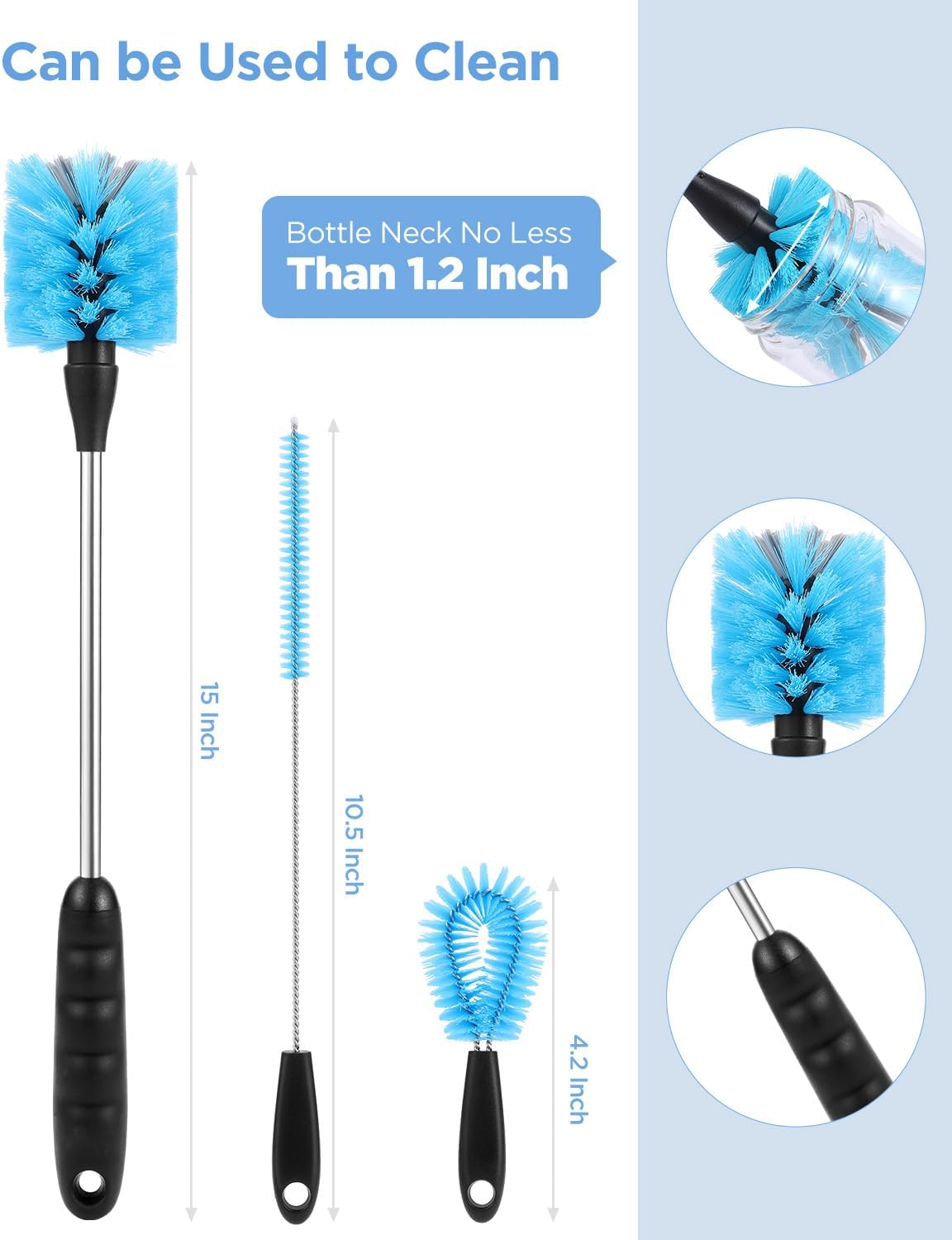 EasyAcc Water Bottle Cleaner Brush, 3 Pack 15 Inches Straw Brush Cleaner for Owala Stanley Hydroflask, Long Handle, with Straw Cleaner & Nipple Brush, for Coffee Mugs, Ice Tea Jars