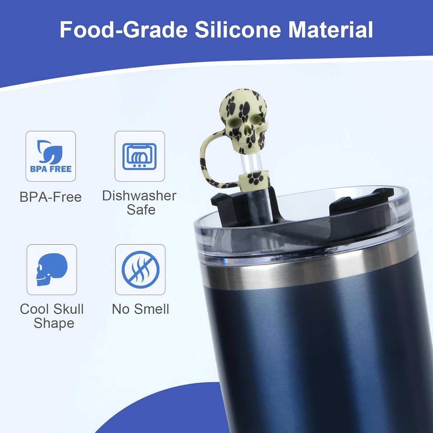 6Pcs 10mm/0.4in Silicone Straw Toppers - Cool Skull Shape Straws Tumbler Accessories for Man & Woman - Reusable&Dust-proof Straw Covers Cap Compatible with Stanley Cup 30 40oz with Handle