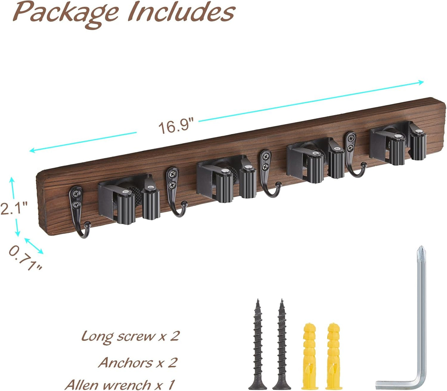 2 Pack Mop Broom Holder Wall Mount - Wood Broom Mop Hanger - Wall Mounted Garden Tool Rack Organizer for Closet Garage Laundry Room Farmhouse Rustic Kitchen Decor With 4 Slots & 4 Hooks