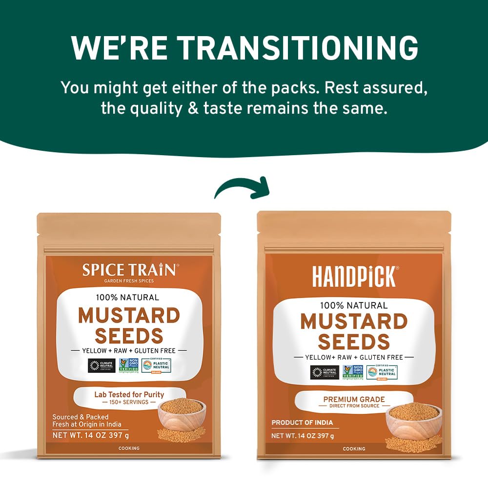 HANDPICK Yellow Mustard Seed (397g/14oz) Non GMO, Gluten Free, 100% Raw, Sourced from India, For Cooking, Pickles, Packed in Resealable Ziplock Pouch