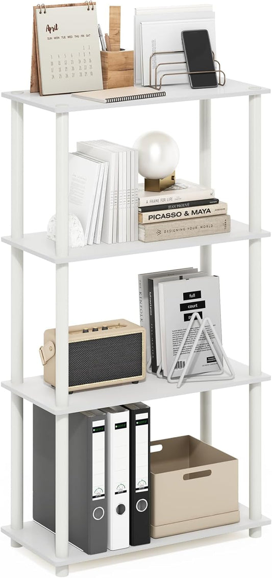 Furinno TURN-N-TUBE Storage Shelves, 4-Tier Toolless Book Shelf, Corner Shelf, Toolless Open Shelves, for Organization and Storage, Living Room, Garage, Home Office, White