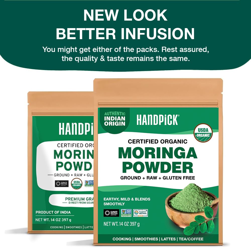 HANDPICK USDA Organic Moringa Powder (397g/14oz) Pure Moringa Oleifera Leaf Powder | Authentic Indian Origin | Gluten Free, Non-GMO | Perfect for Smoothies, Drinks, Tea & Recipes