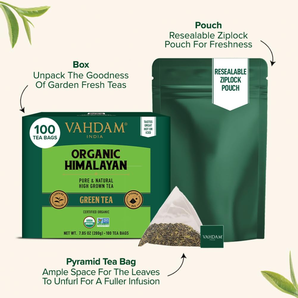 VAHDAM, Organic Himalayan Green Tea (100 Count) High Grown, Non GMO, Gluten Free, Low Caffeine | Earthy & Smooth | Resealable & Plant-Based Pyramid Tea Bags