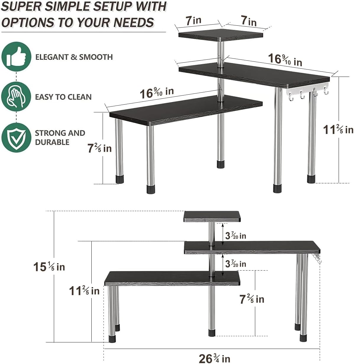ZHWS Bathroom Counter Organizer Corner Shelf – Bathroom Organization Bamboo 3 Tier Spice Rack Makeup Organizer Bookshelf Space Saving Rack Kitchen Office Living Room, Black