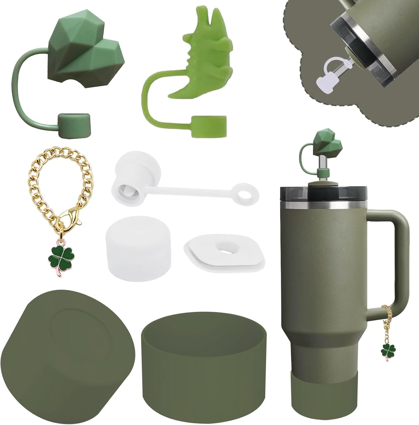 Stanley Cup Accessories Set,Including 2 Pcs 0.4in Straw Cover, 1 Silicone Spill-Proof Stopper Set of 3, 1 Cute Flower Handle Charm, 1 Silicone Boot Fits Stanley 40&30 Oz Tumbler (Dried Pine)