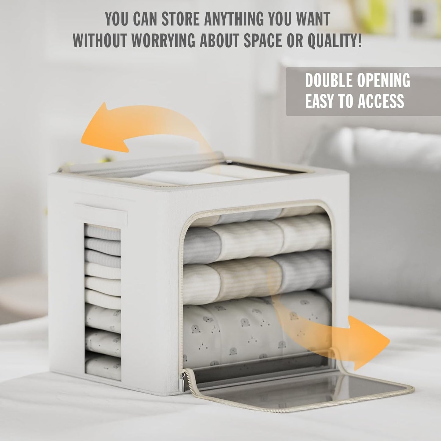 FHSQX 2 Pack Clear Window Storage Bins - Large Stackable Linen Fabric Storage for Clothes Foldable Container Organizer Set with Carrying Handles (Lvory White, 15.7x 11.8x 11.7 Inch)