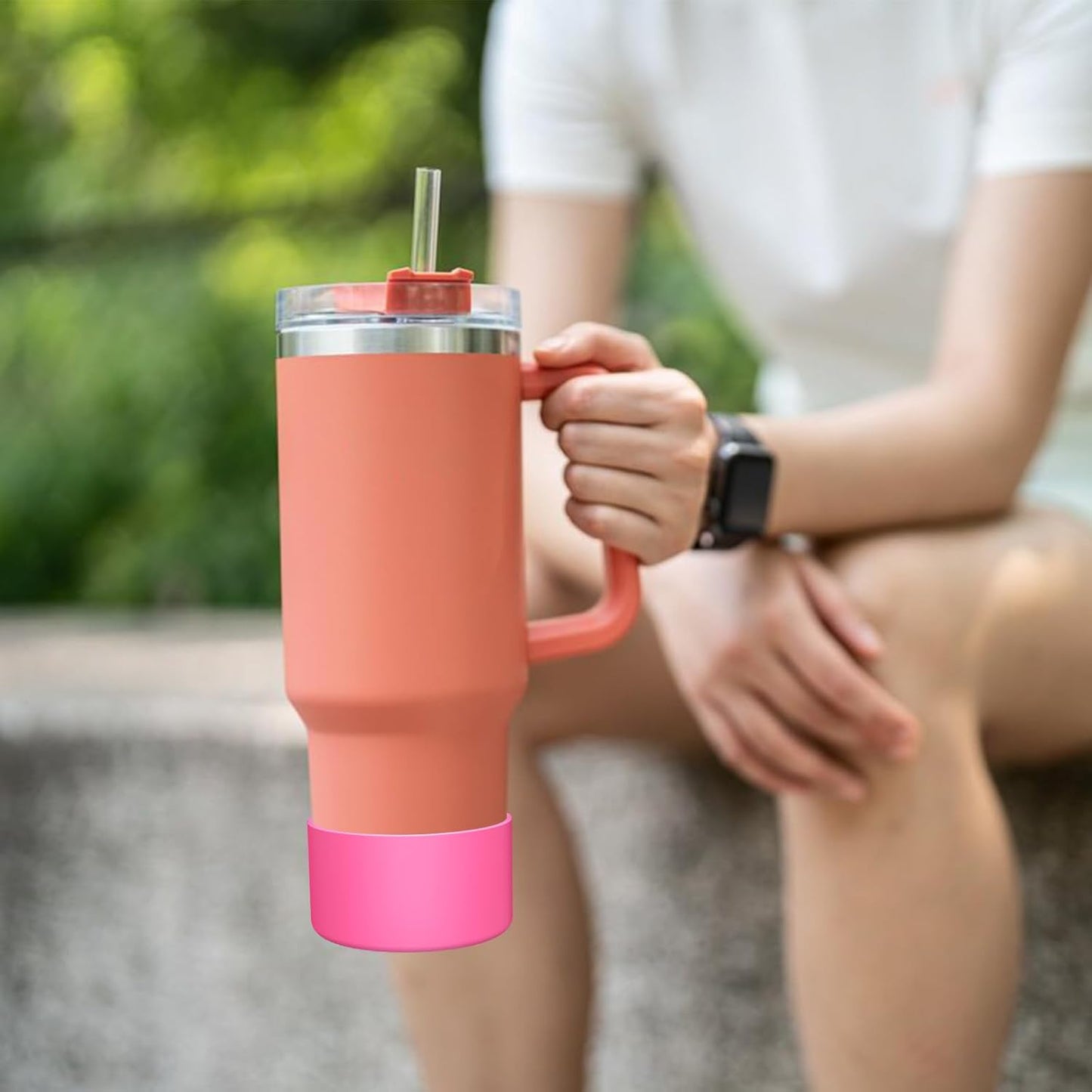 Upgrade 2PCS Protective Silicone Boot Bumper for Stanley Quencher Adventure 40oz 30oz IceFlow 20oz 30oz Tumbler, Water Bottle Bottom Sleeve Cover Accessories for Stanley Mug Cup(Rose)