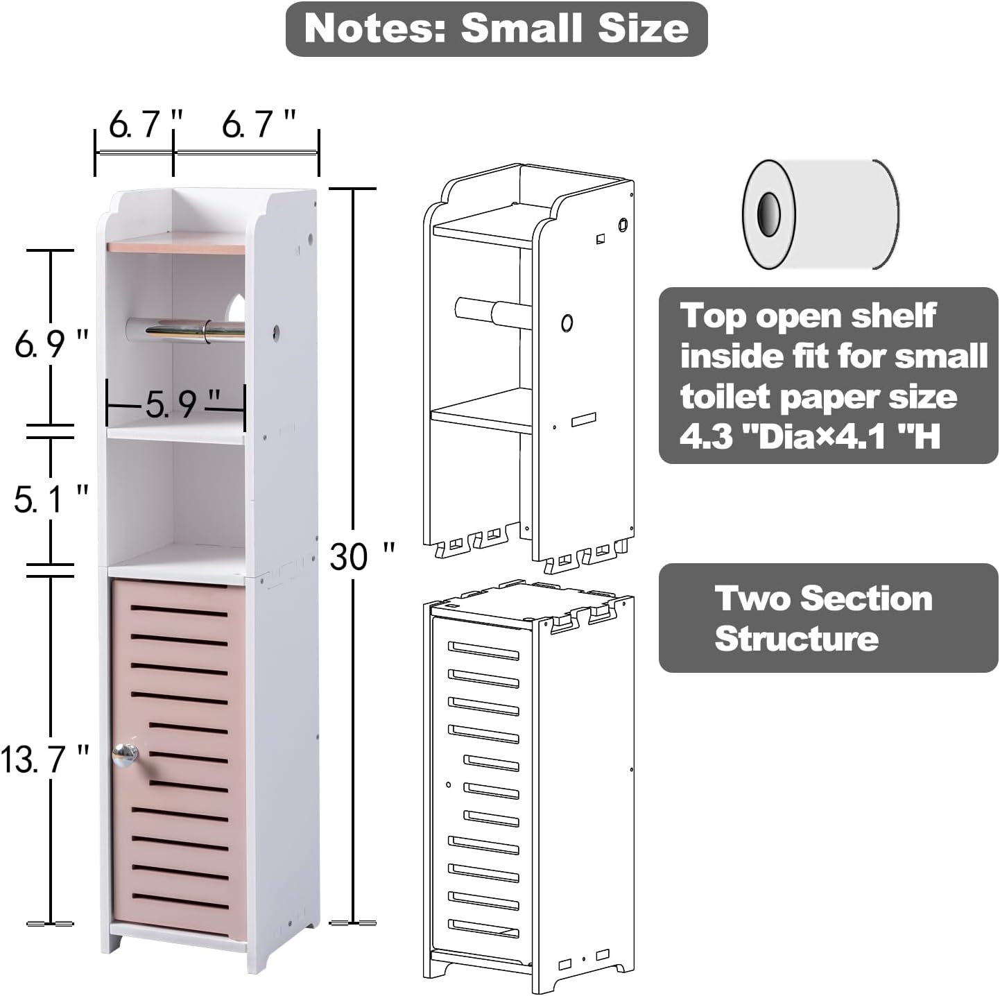 AOJEZOR Toilet Paper Holder Stand: Small Bathroom Storage Cabinet - Pinkish Rose - White