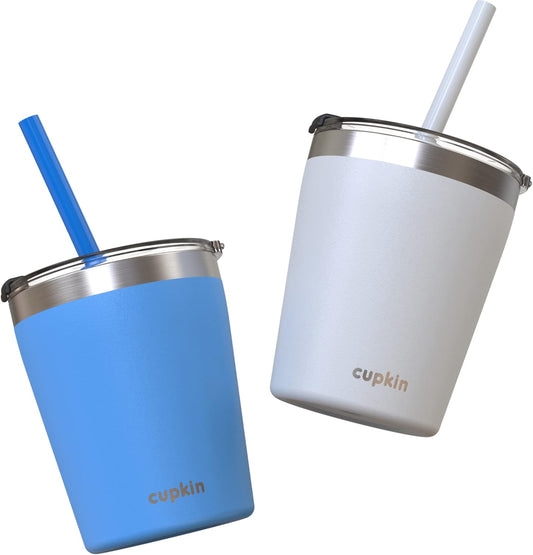 CUPKIN Kids Cup, The Original 8 oz Stackable Stainless Steel Kid Cups, Set of 2 Powder Coated Insulated Sippy Cup for 1+ Year Old Toddlers & BPA Free Lids & Reusable Silicone Straws (Blue + Gray)