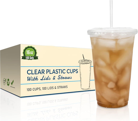 SafeWare Clear Disposable Plastic Cups 16oz with Flat Lids and Straws, Togo Disposable Iced Coffee Cups - Ideal for Party, Outdoor Picnic, BBQ, House Party, Restaurant Quality - 100 Sets