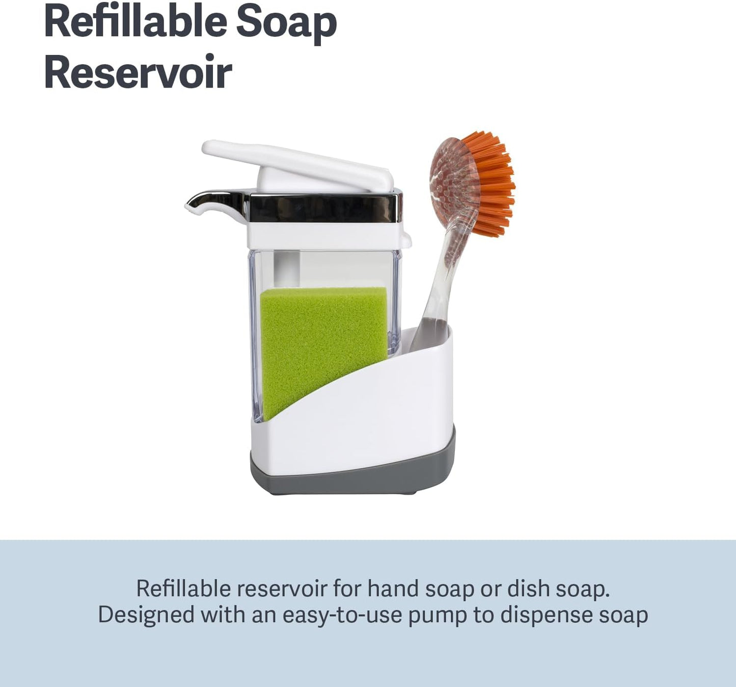 Casabella Sink Sider Solo Soap Pump and Sponge Caddy for Kitchen Sinks, Kitchen Sink Organizer Sponge Caddy and Soap Pump Combo, White/Chrome