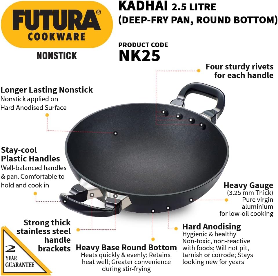 Hawkins Futura 2.5 Litre Deep Fry Pan, Non Stick Kadai, Round Bottom Kadhai, Black (NK25)