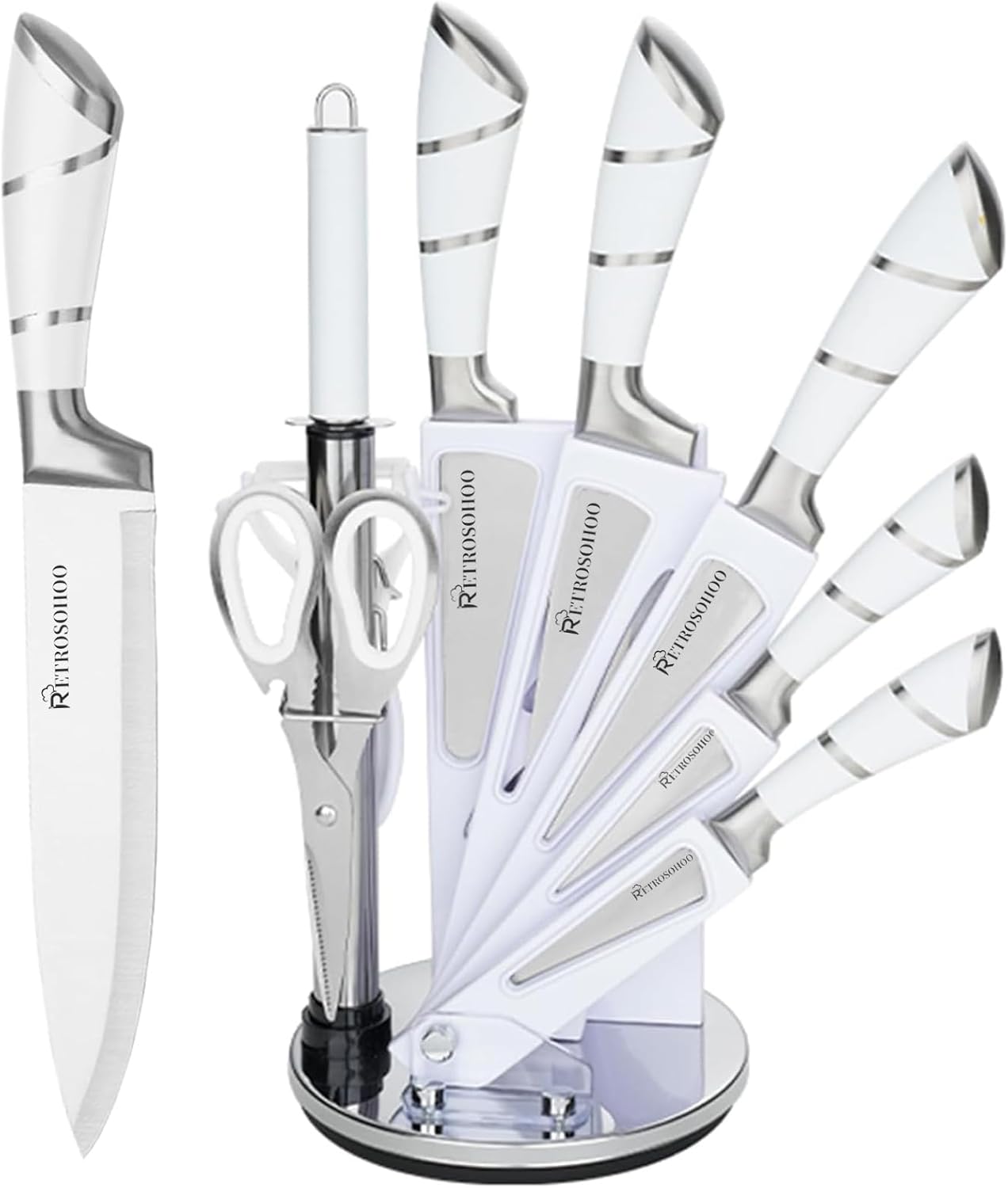 Kitchen Knife Set, Retrosohoo 9-Piece White Sharp Non-Stick Coated Chef Knives Block Set,Stainless Steel Knife Set for Kitchen with Sharpener for Cutting Slicing Dicing Chopping (White)