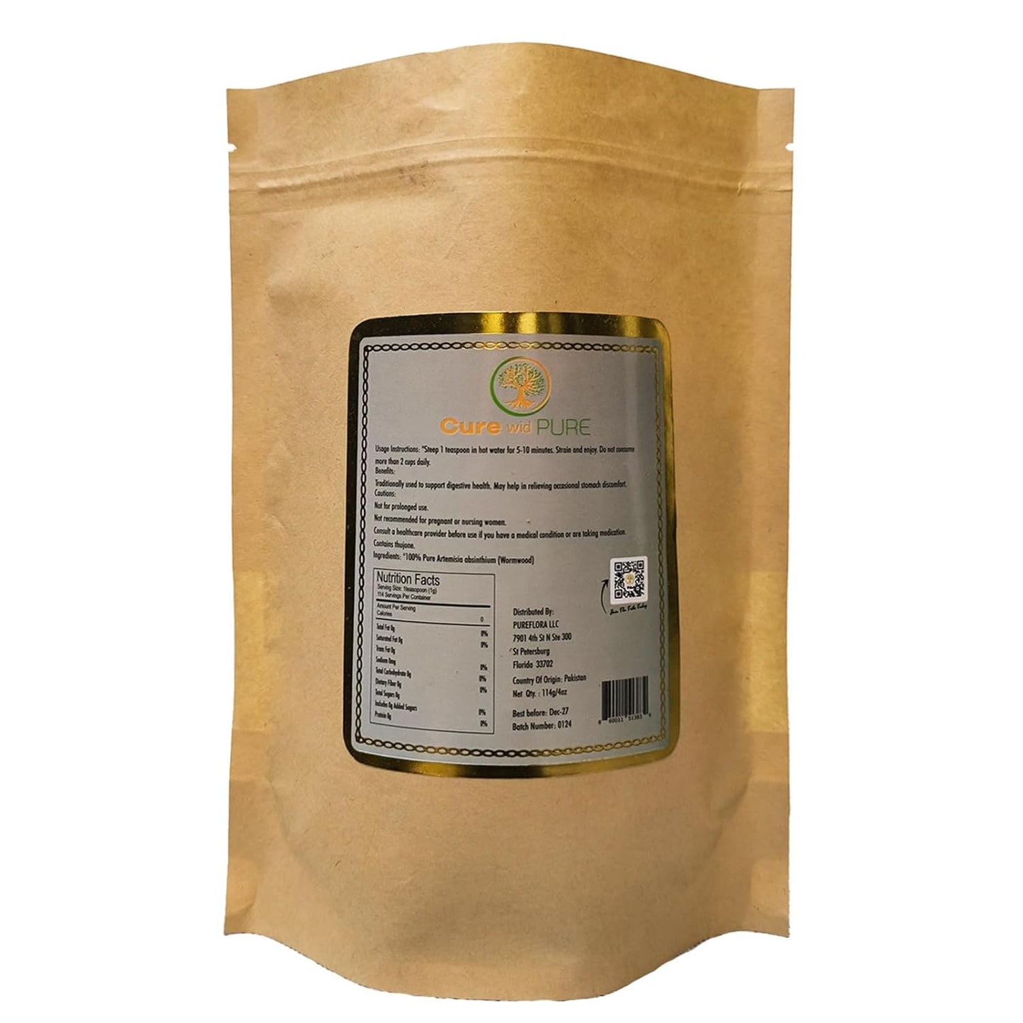 Cure wid Pure Organic Wormwood Herb Dried Cut & Sifted 4oz/114g - Artemisia Absinthium - Non-GMO,Preservative & Additives Free Wormwood Tea In Eco Friendly Resealable Pouch Traditional Herbal Remedy