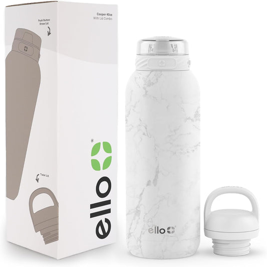 Ello Cooper 40oz Stainless Steel Water Bottle with 2 Lids Chug and Straw | Leak Proof | Double Walled and Vacuum Insulated | Built in Carry Loop | Dishwasher Safe | White Marble