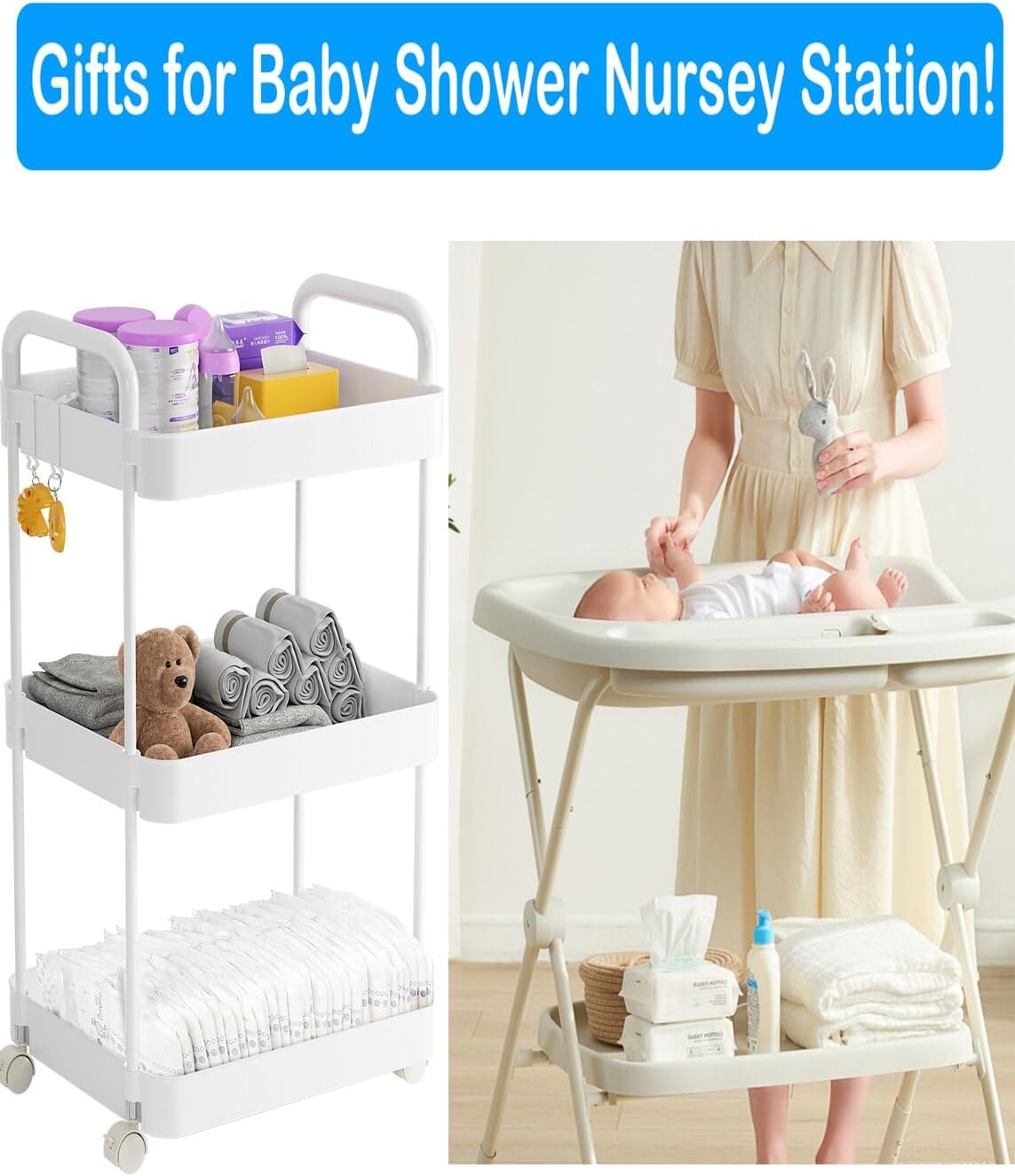 Diaper Caddy Organizer, 3-Tier Movable Diaper Cart with Wheels, Newborn Essentials Must Haves, Diaper Caddy for Wipes & Diapers, Baby Registry Search - Plastic White