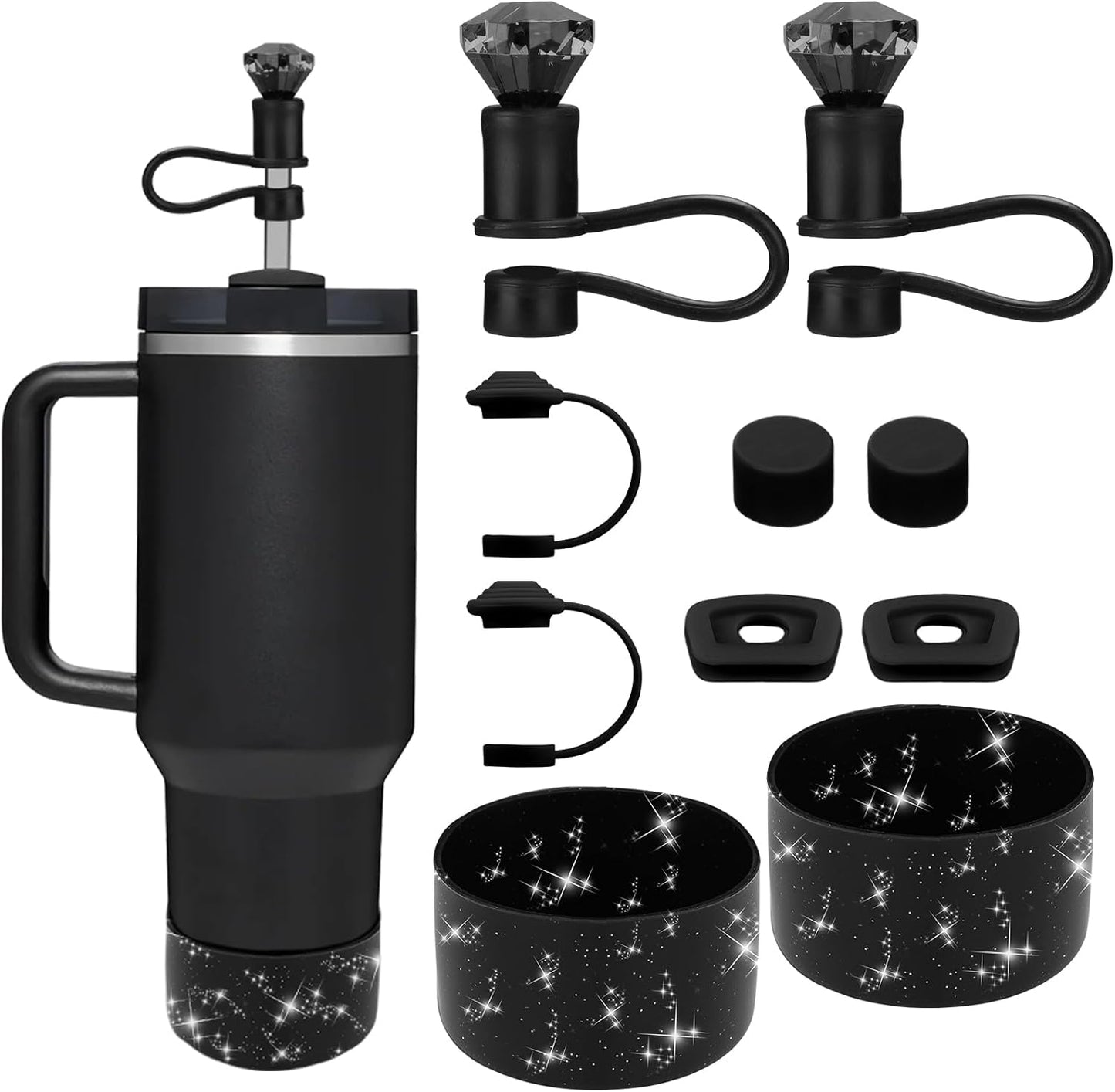 Mity rain Set for Stanley Cup Accessories, Including 2Pcs Straw Topper, 4 Pcs Silicone Spill Proof Stopper, 2Pcs Protective Glitter Silicone Boot, Set for Stanley Cup 40/30 OZ(2 Black)