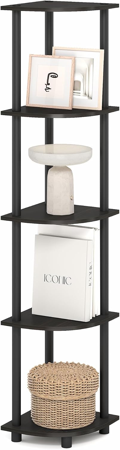 Furinno Turn-N-Tube Corner Shelf, 5-Tier Corner Bookshelf, Open Storage Shelves, for Organization and Storage, Living Room, Home Office, Garage, Bedroom, Black Espresso