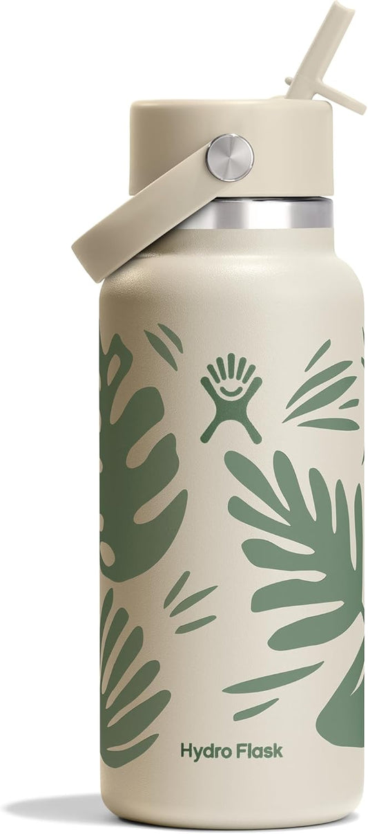 Hydro Flask Water Bottle - Insulated Stainless Steel - Wide Mouth Flex Straw Lid, Non Spill, Leakproof and Refillable in 32 Oz Botanical Bliss Coconut