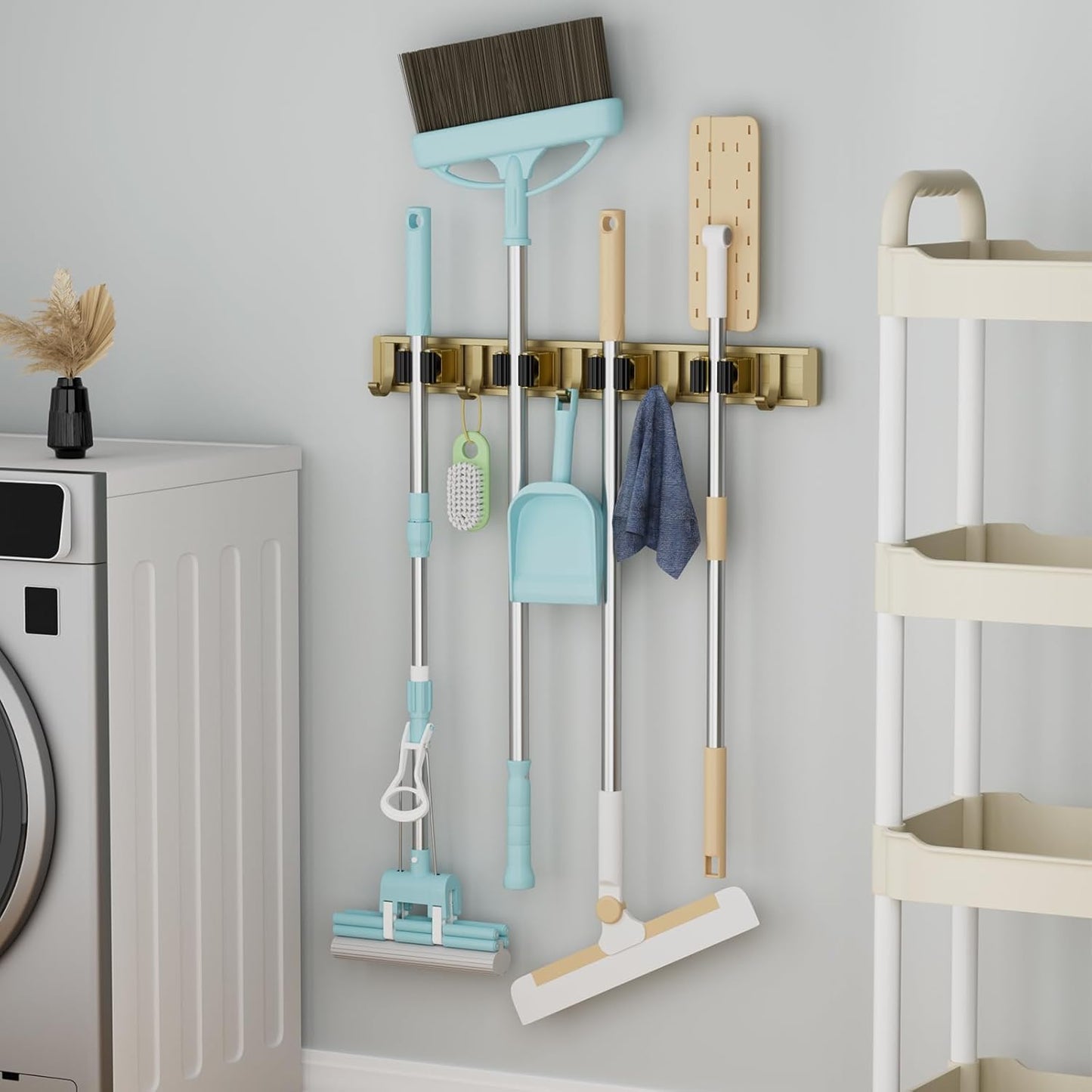 reliahom Broom Holder Wall Mount Mop and Broom Hanger Wall Mounted Garage Storage Rack Kitchen Garden Tool Organizer (4 Racks with 5 Hooks, Bronze)