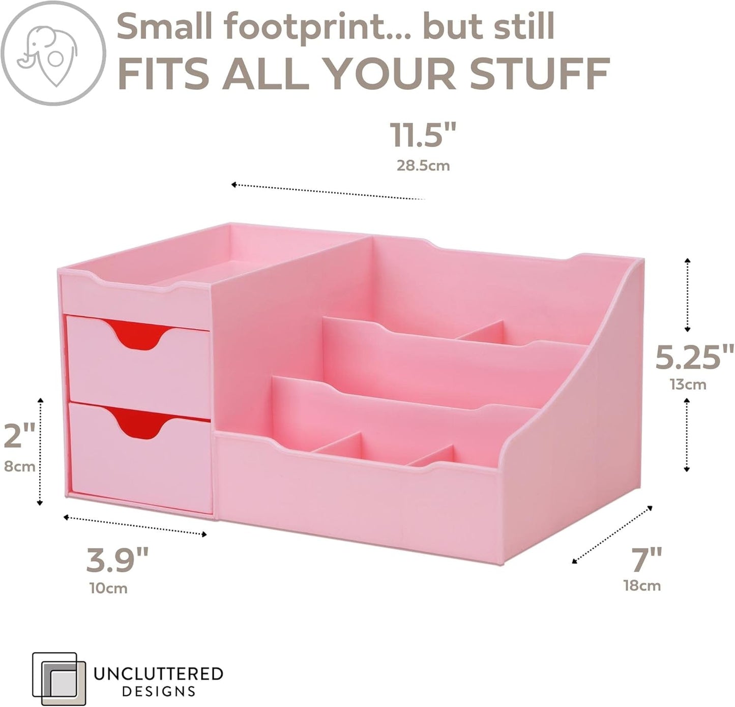 Uncluttered Designs Makeup Organizer With Drawers - Cute Kawaii Countertop Storage for Cosmetics, Pretty Vanity Holder for Perfume, Skincare, Brush, Lipstick, Nail Polish and other Accessories (Pink)