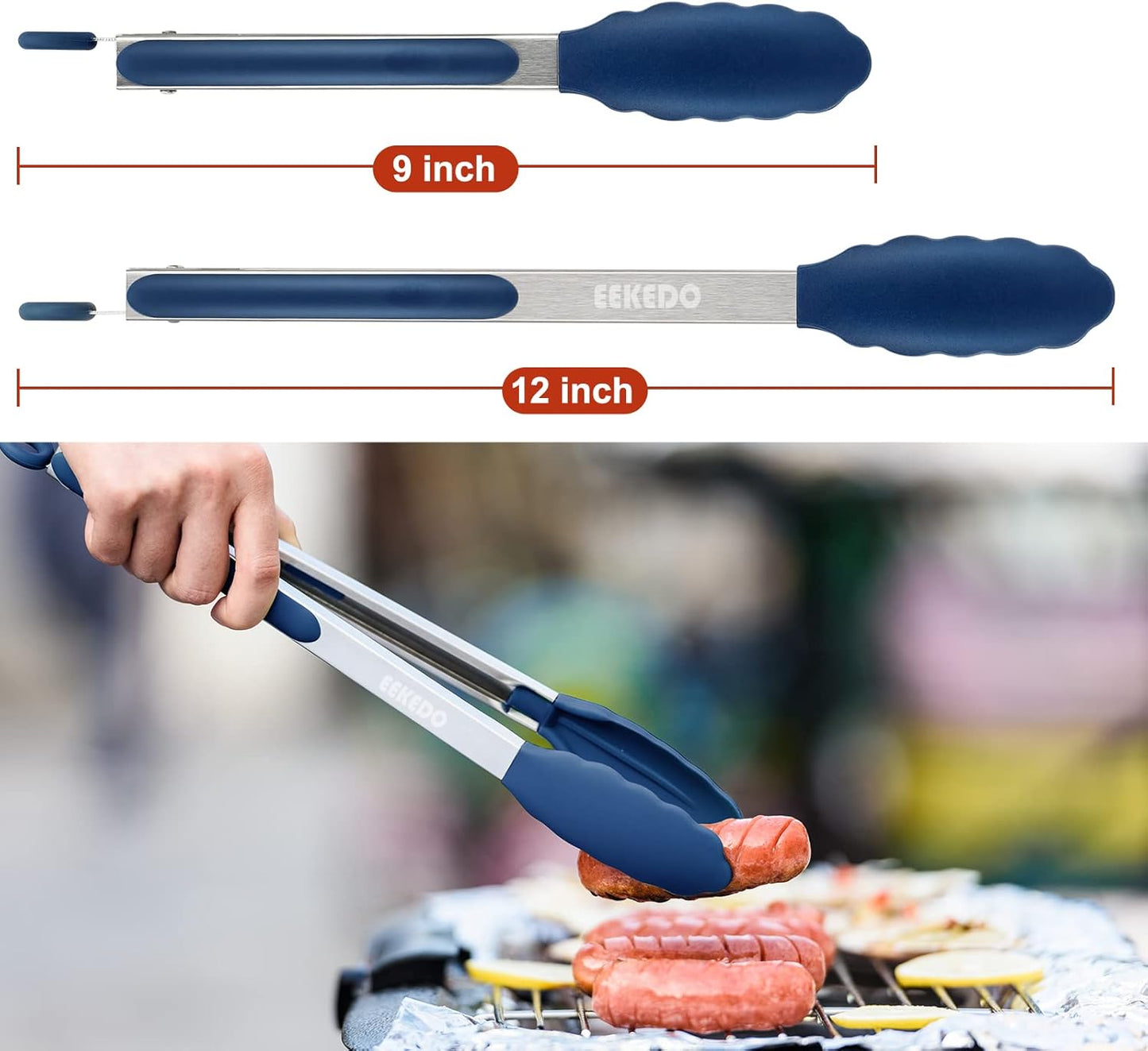 Kitchen Tongs, Stainless Steel Silicone Tongs for Cooking 600ºF High Heat-Resistant BBQ Grilling Locking Tongs, Set of 2-9" and 12" Classic Blue
