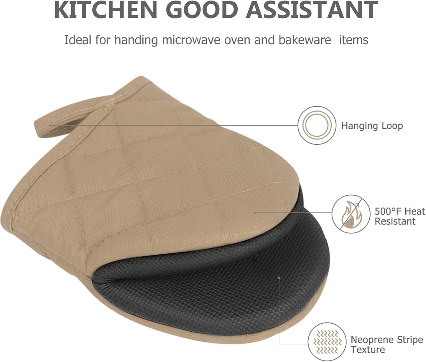 1 Pair Short Oven Mitts - Silicone Kitchen Oven Gloves High Heat Resistant 500℉, Mini Oven Mits with Non-Slip Grip Surfaces and Hanging Loop for BBQ, Baking, Cooking and Grilling (Coffee)